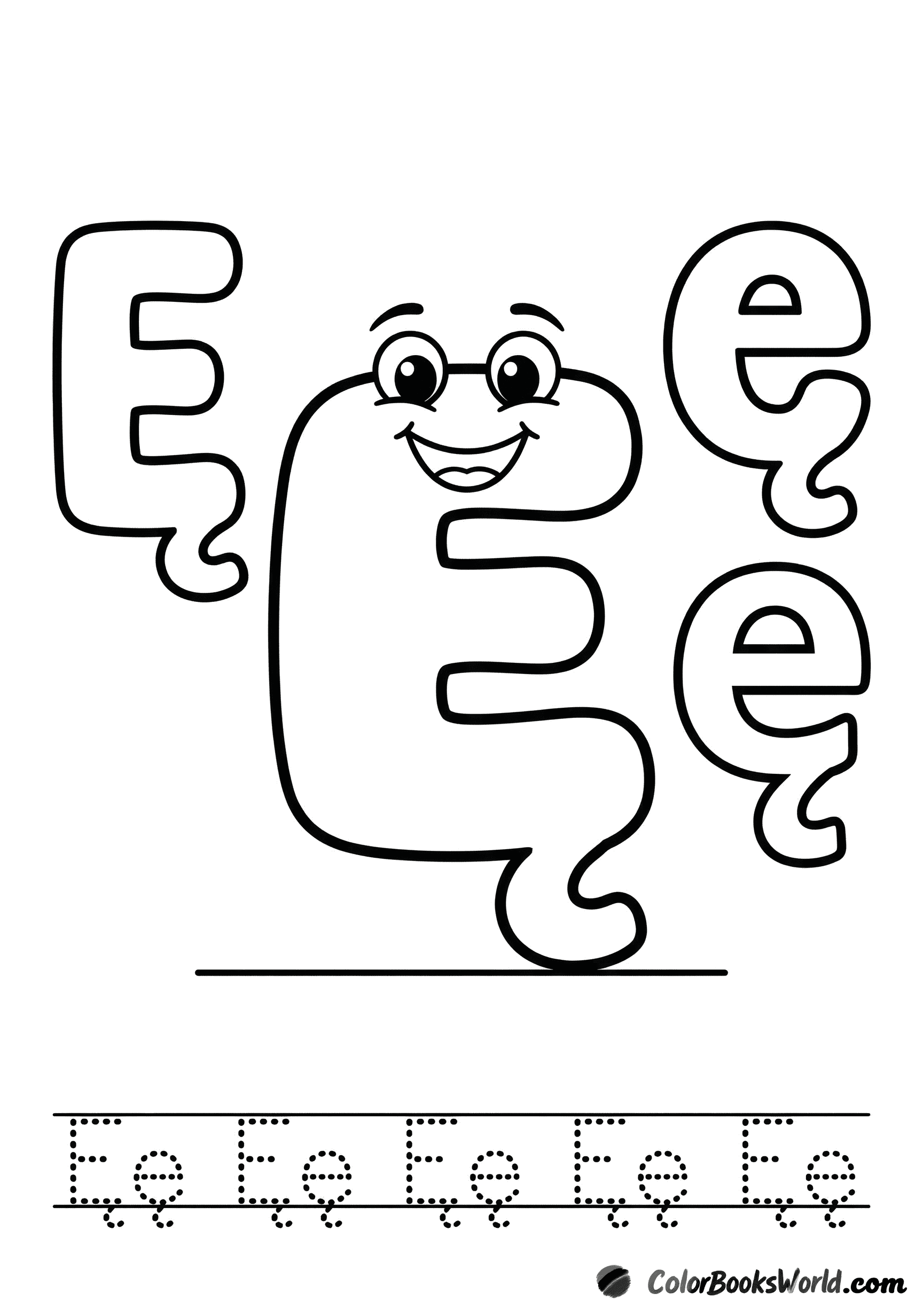 Smiling Ę character between large bubble Ę and ę, with a dotted tracing row below.