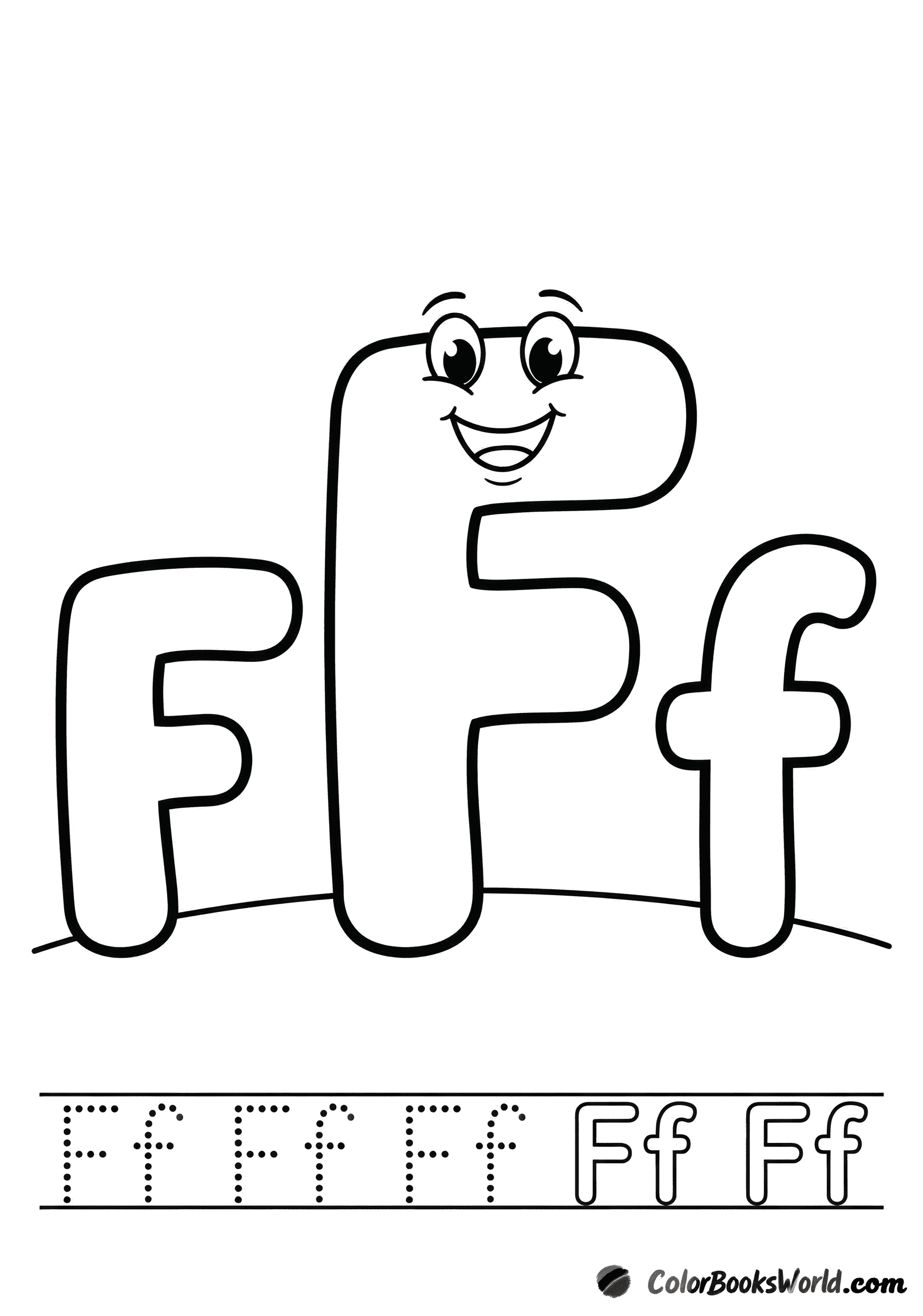 A smiling letter F character between big bubble F and f, with a dotted tracing row below.