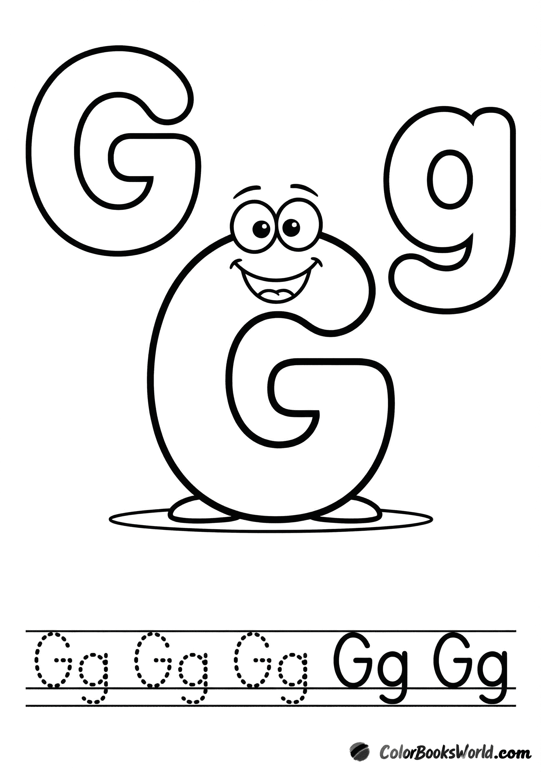 A smiling letter G character between big bubble G and g, with a dotted tracing row below.
