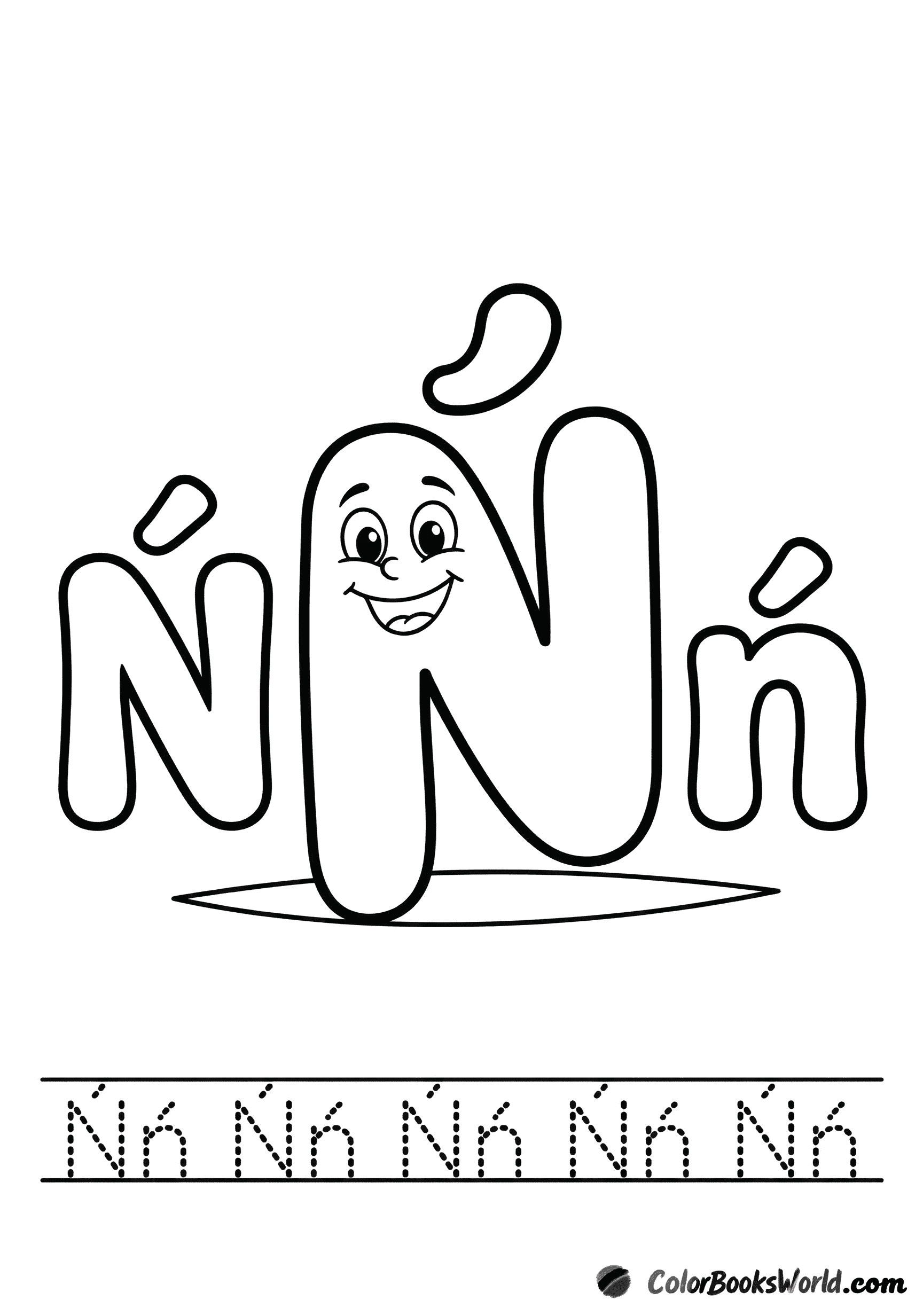 A smiling Ń character between large bubble Ń and ń letters, with a dotted tracing row below.