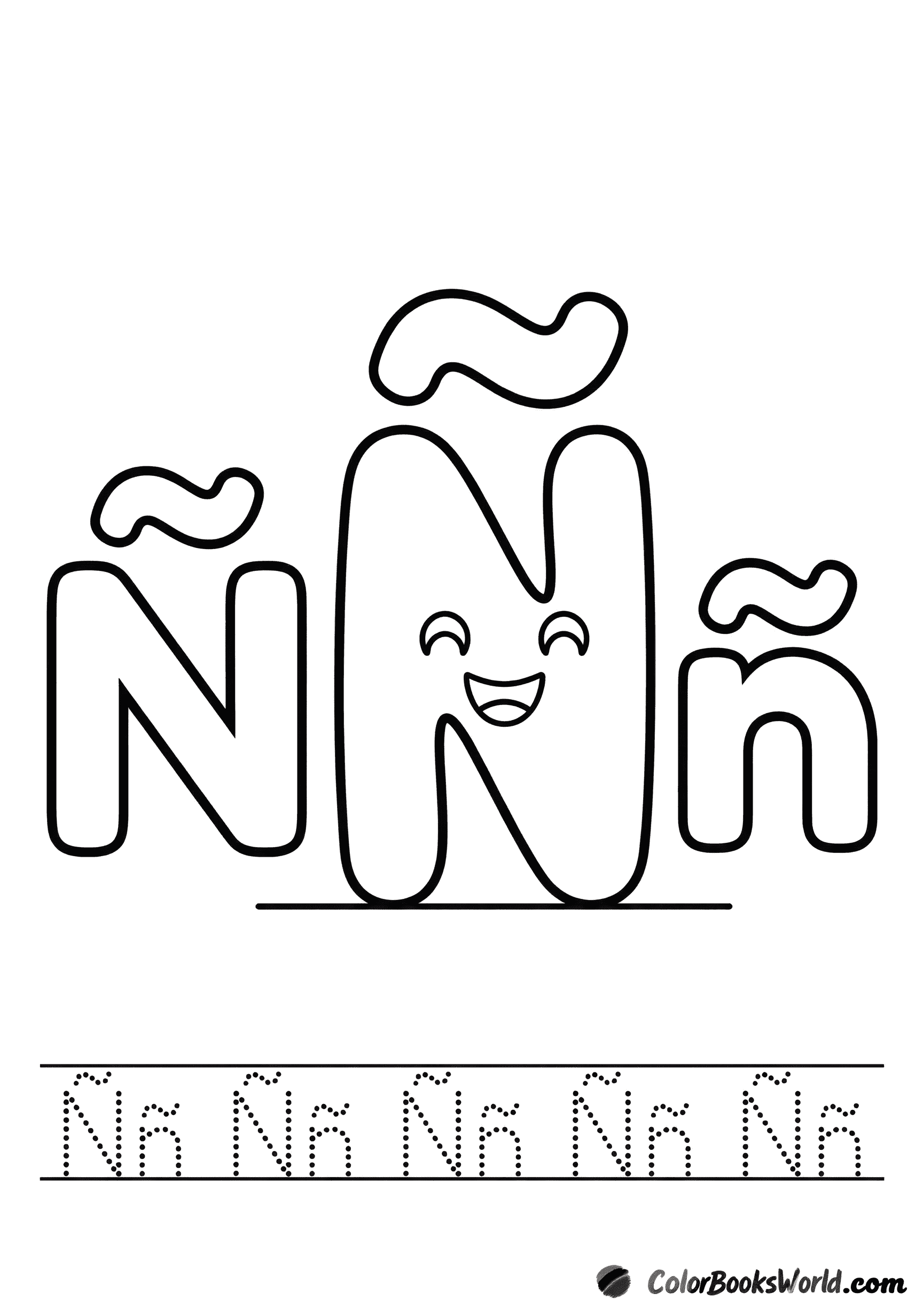 A smiling Ñ character between large bubble Ñ and ñ, with a dotted tracing line below.