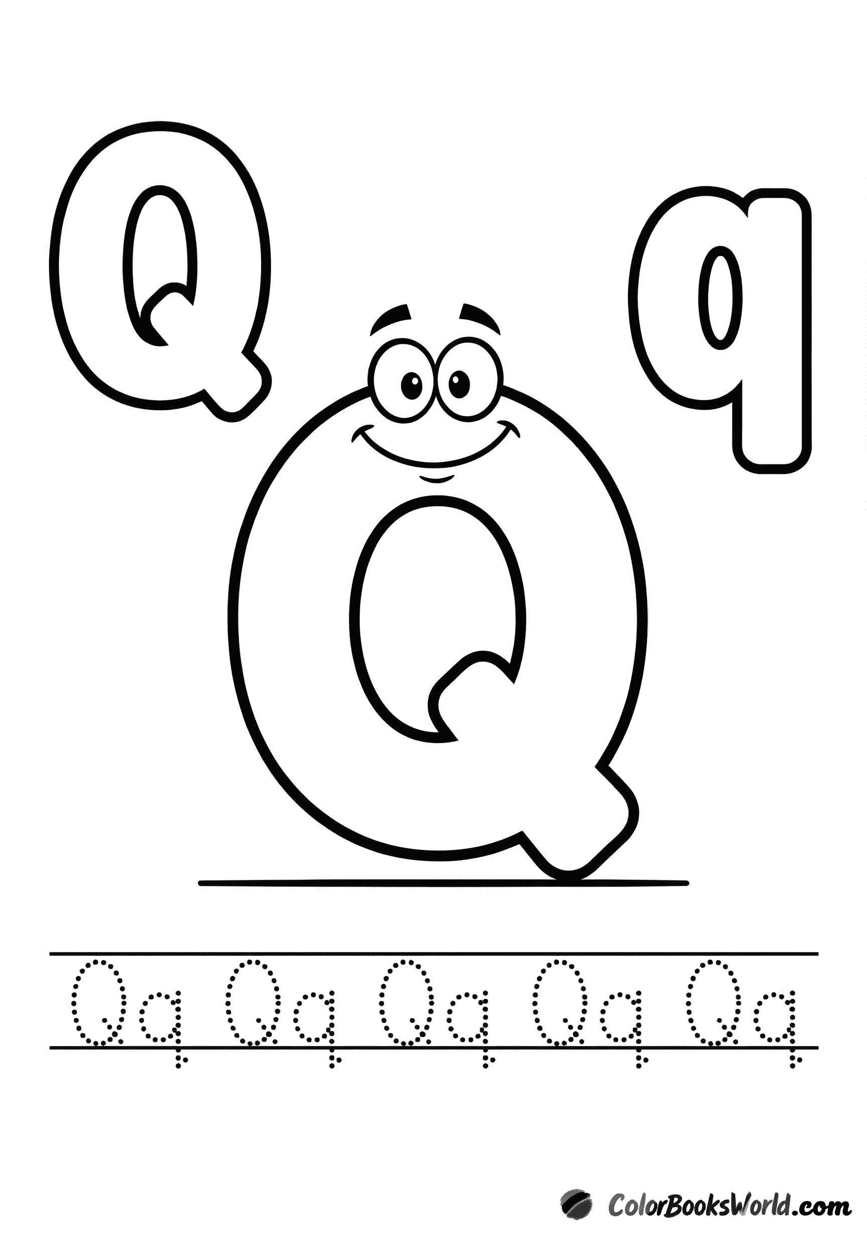 A smiling Q-shaped character between large bubble letters Q and q, with a dotted tracing row below.
