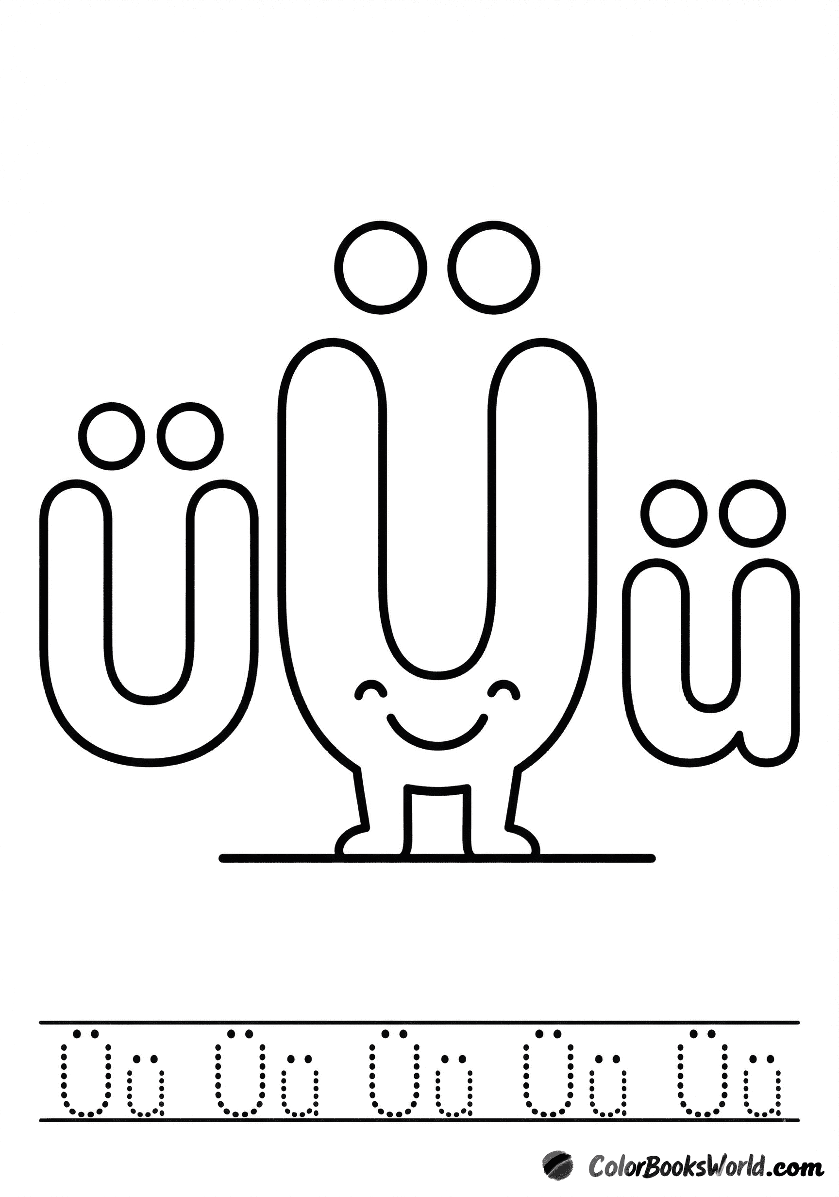 Smiling Ü character between large bubble Ü and ü, with a dotted tracing row below.