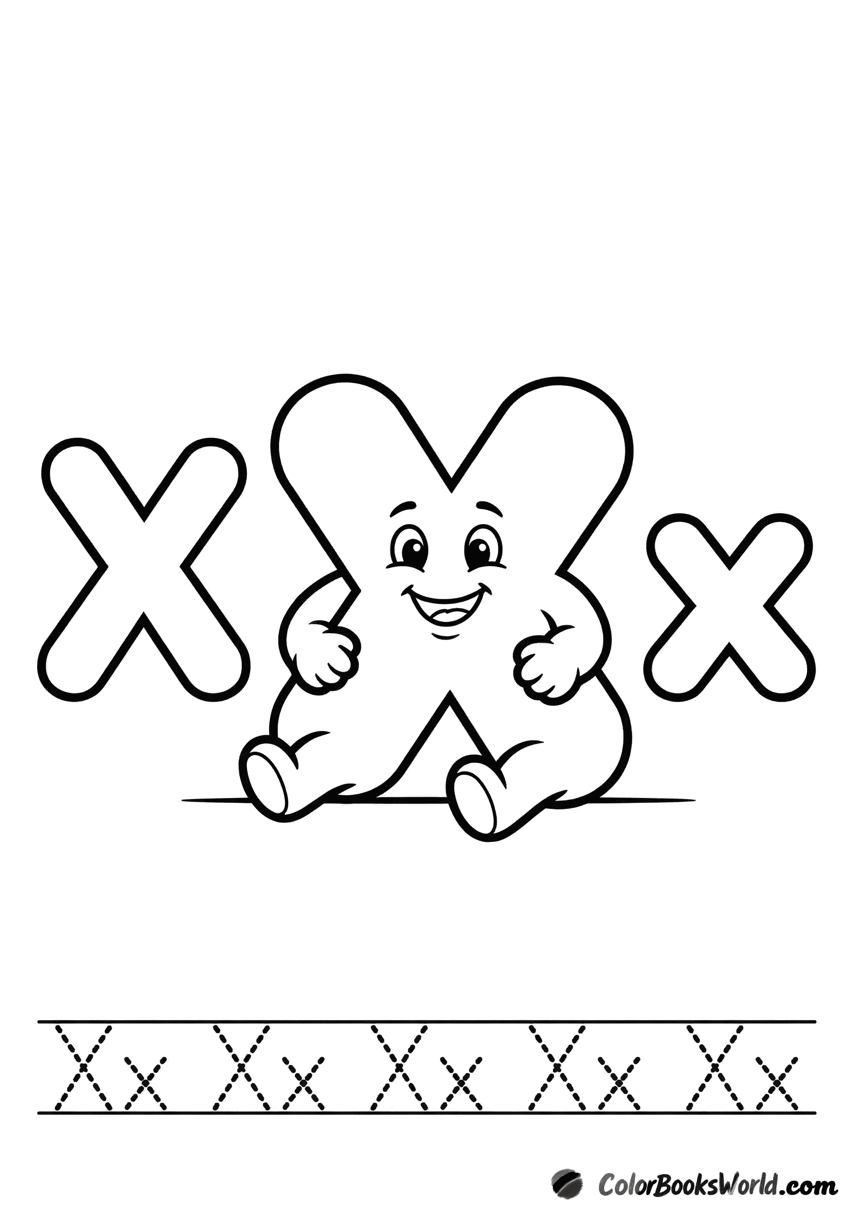 Un personaggio sorridente a forma di X tra grandi lettere X e x, con una riga tratteggiata per il ricalco sotto.