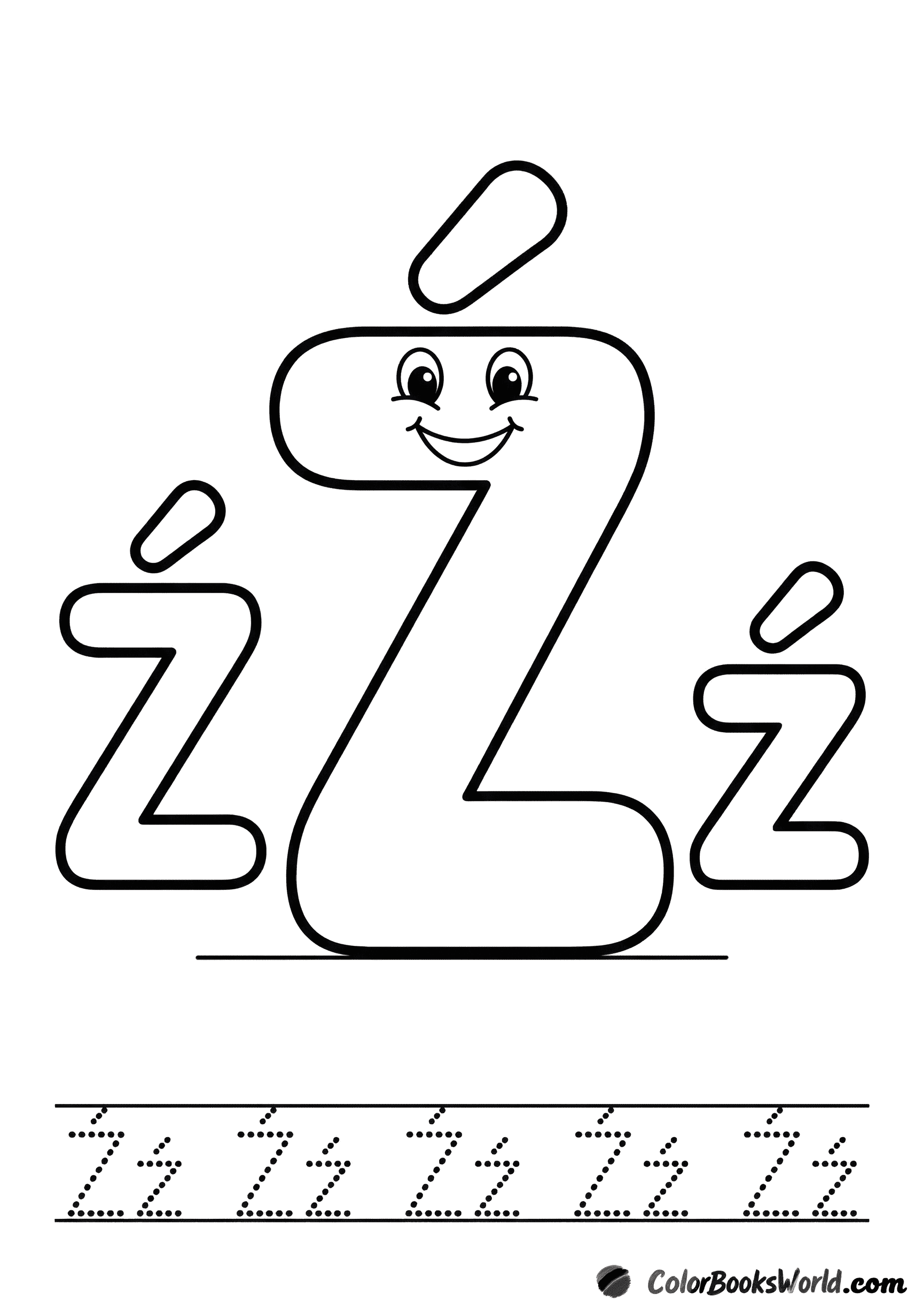 Smiling Ź character between large bubble Ź and ź, with a dotted tracing line below.