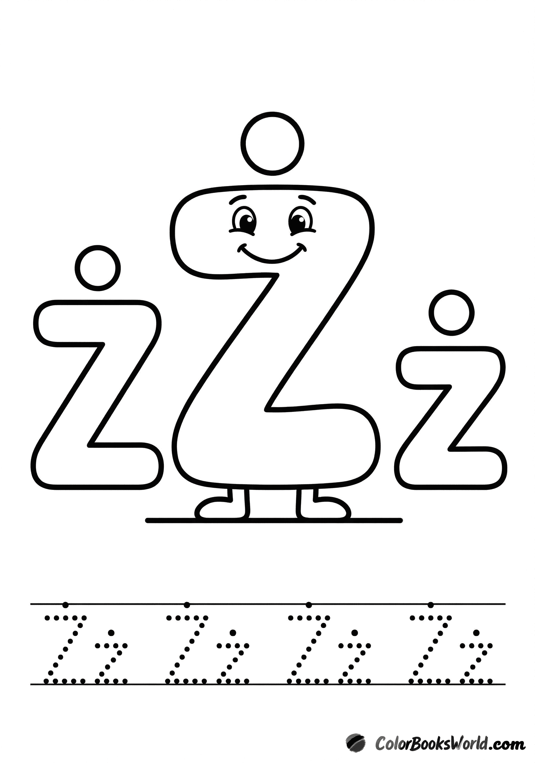 A smiling Ż character between large bubble Ż and ż, with a dotted tracing row below.