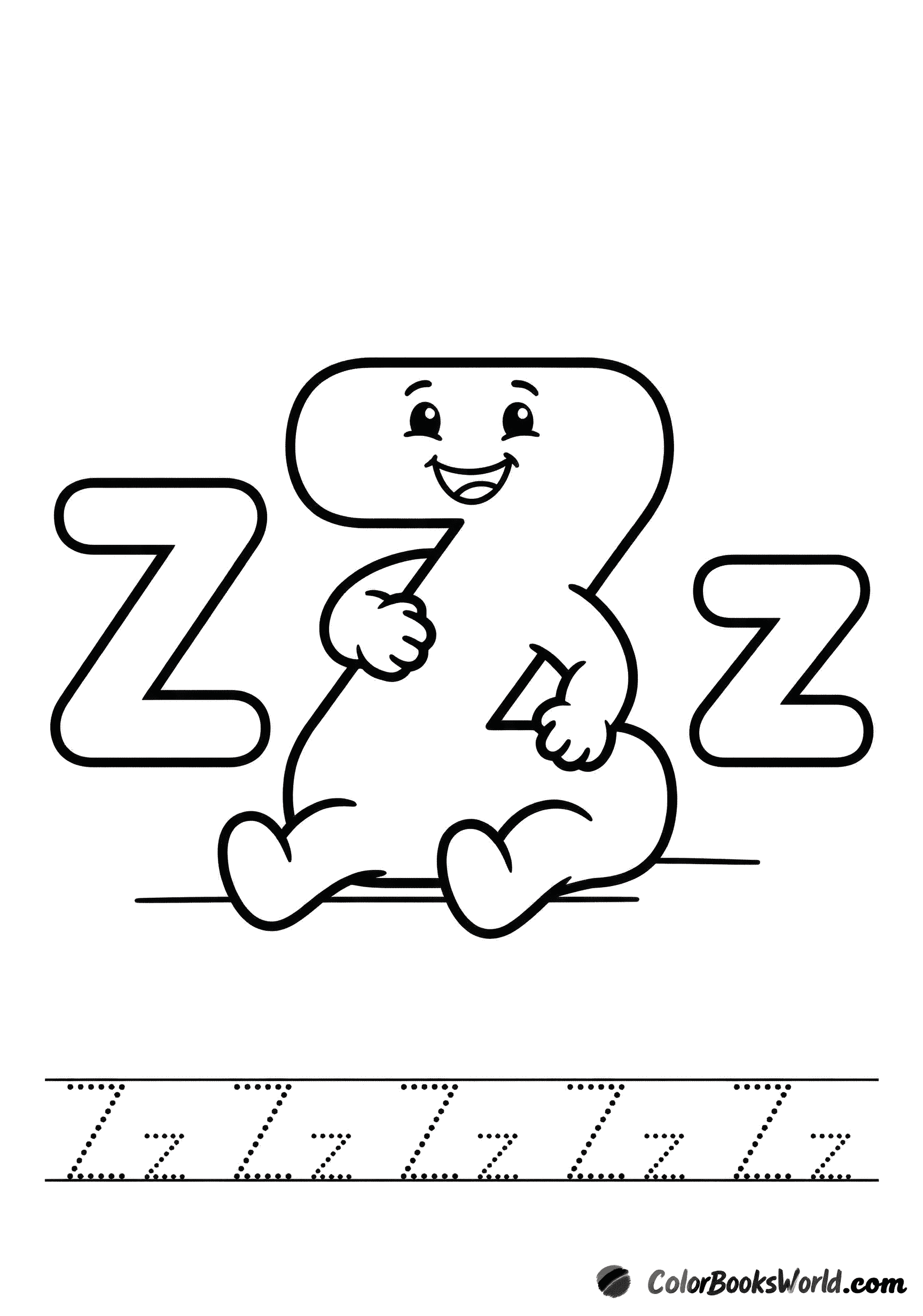 A smiling letter Z character between large bubble Z and z, with a dotted tracing row below.