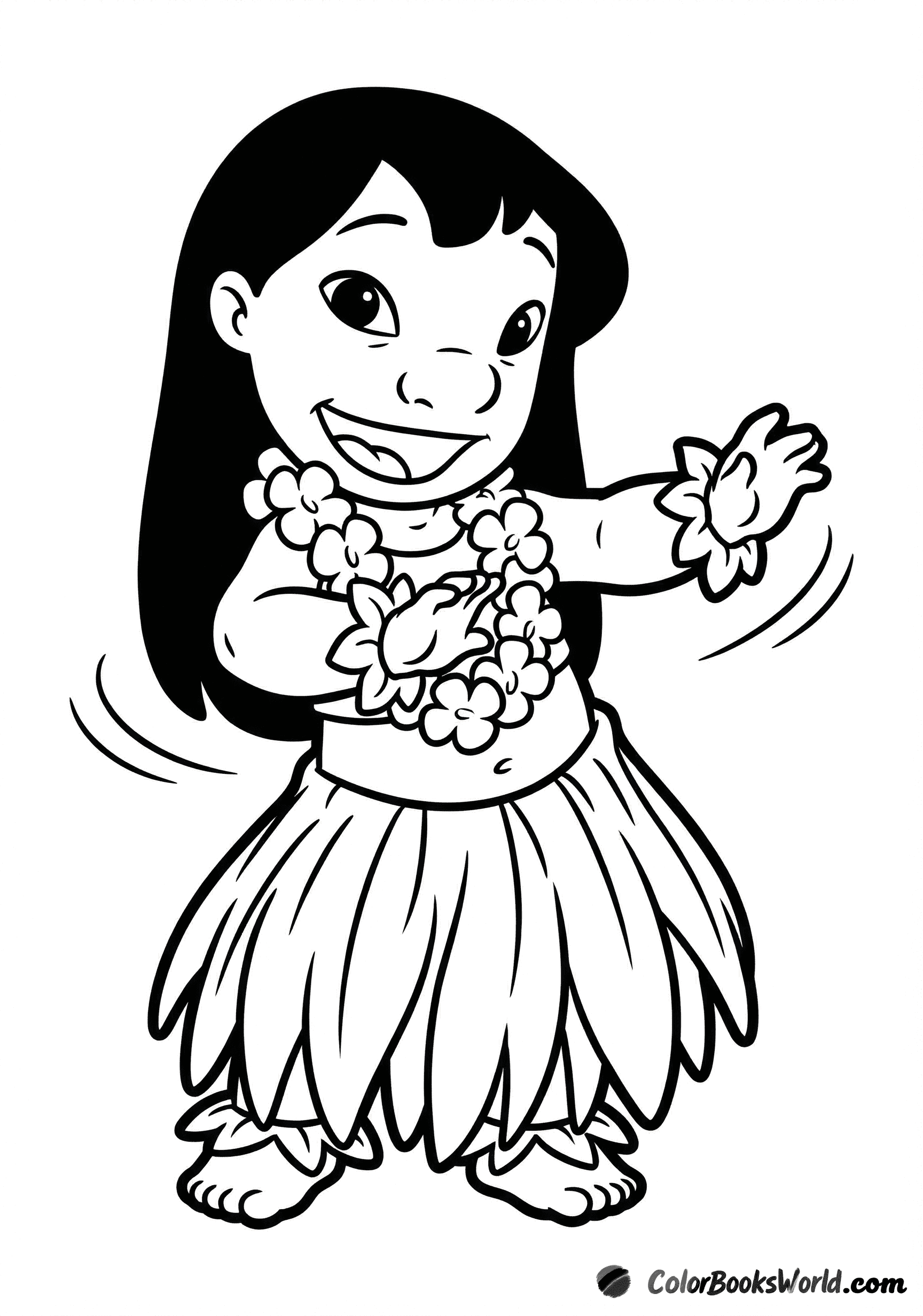 Lilo performs a Hawaiian hula dance wearing a grass skirt and flower lei.