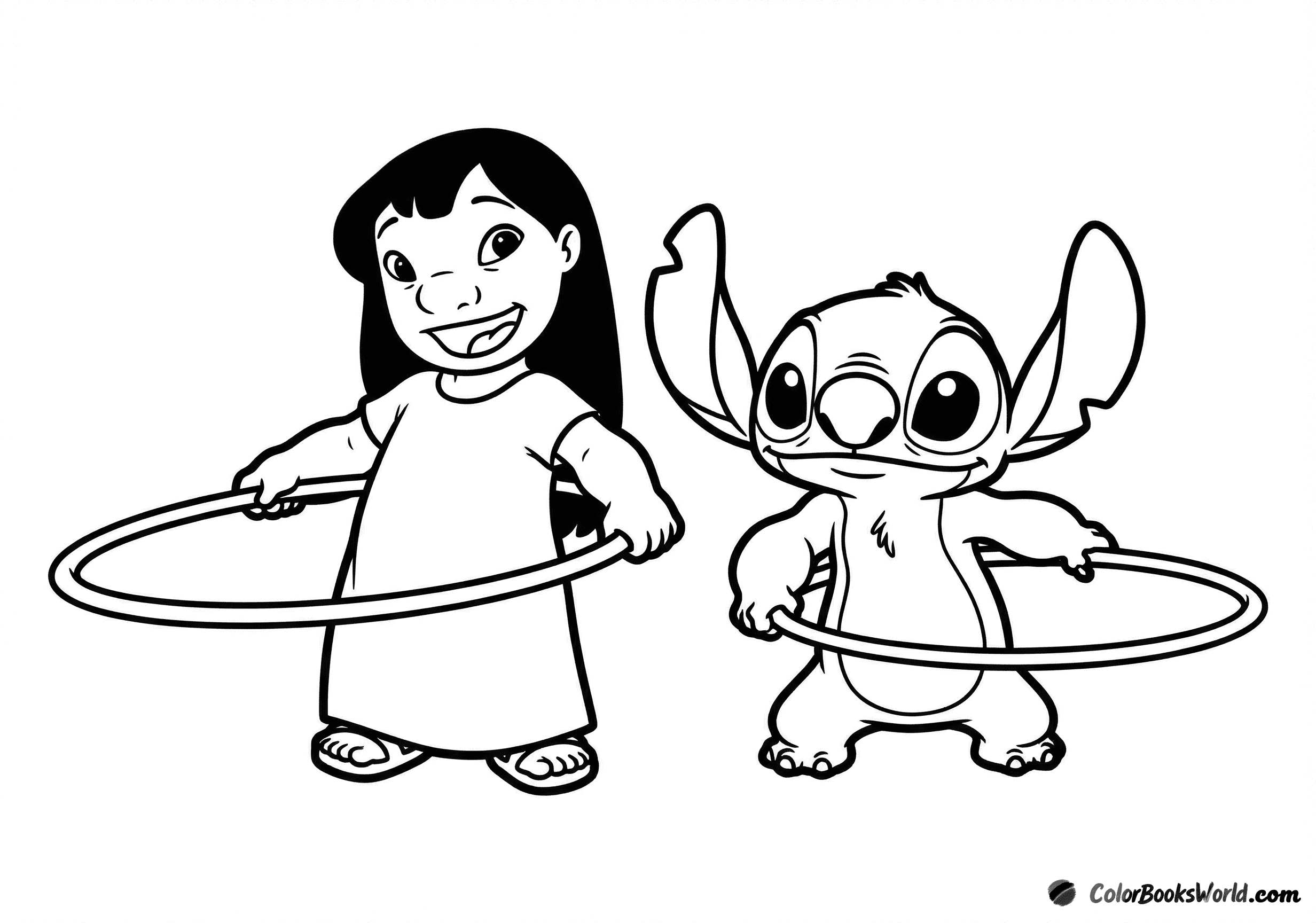Lilo and Stitch play together, each holding a hula-hoop.