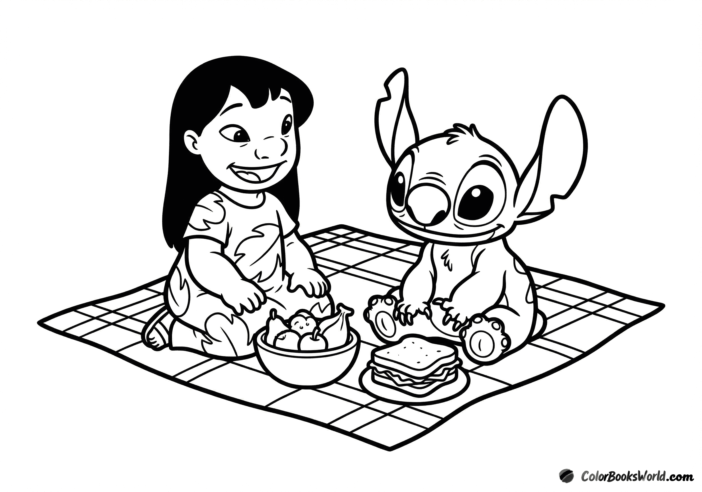 Lilo and Stitch sit together on a picnic blanket with snacks laid out in front of them.