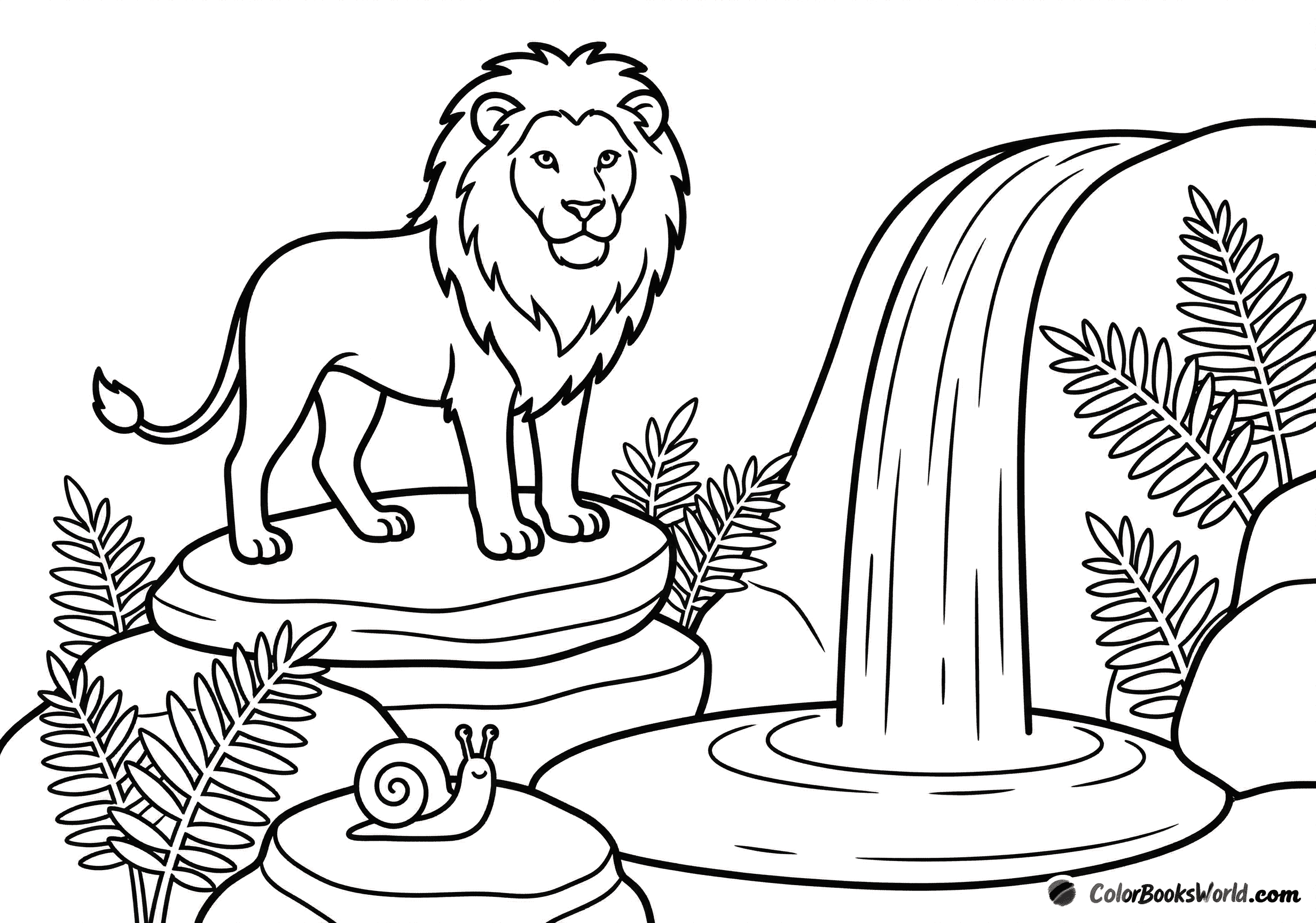 A brave lion stands on rocks beside a stylized waterfall, with ferns and a small snail nearby.