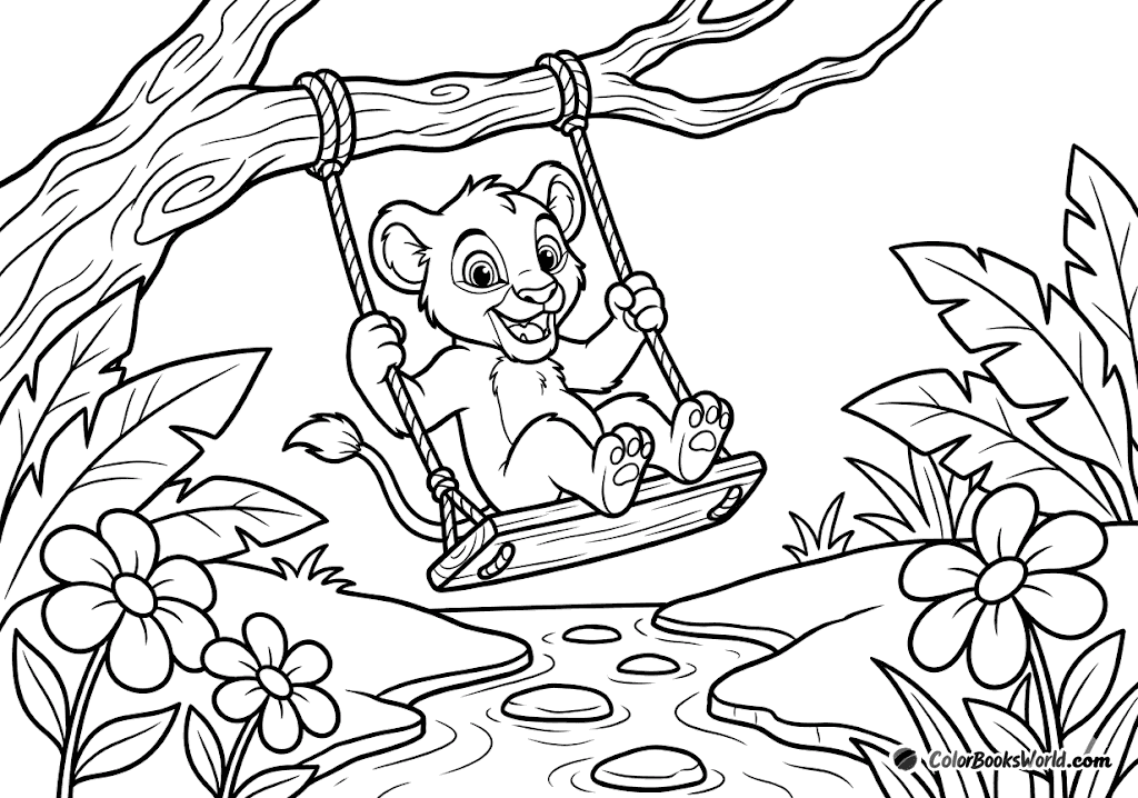 A happy lion cub sits on a wooden swing hanging from a tree branch above a small stream.