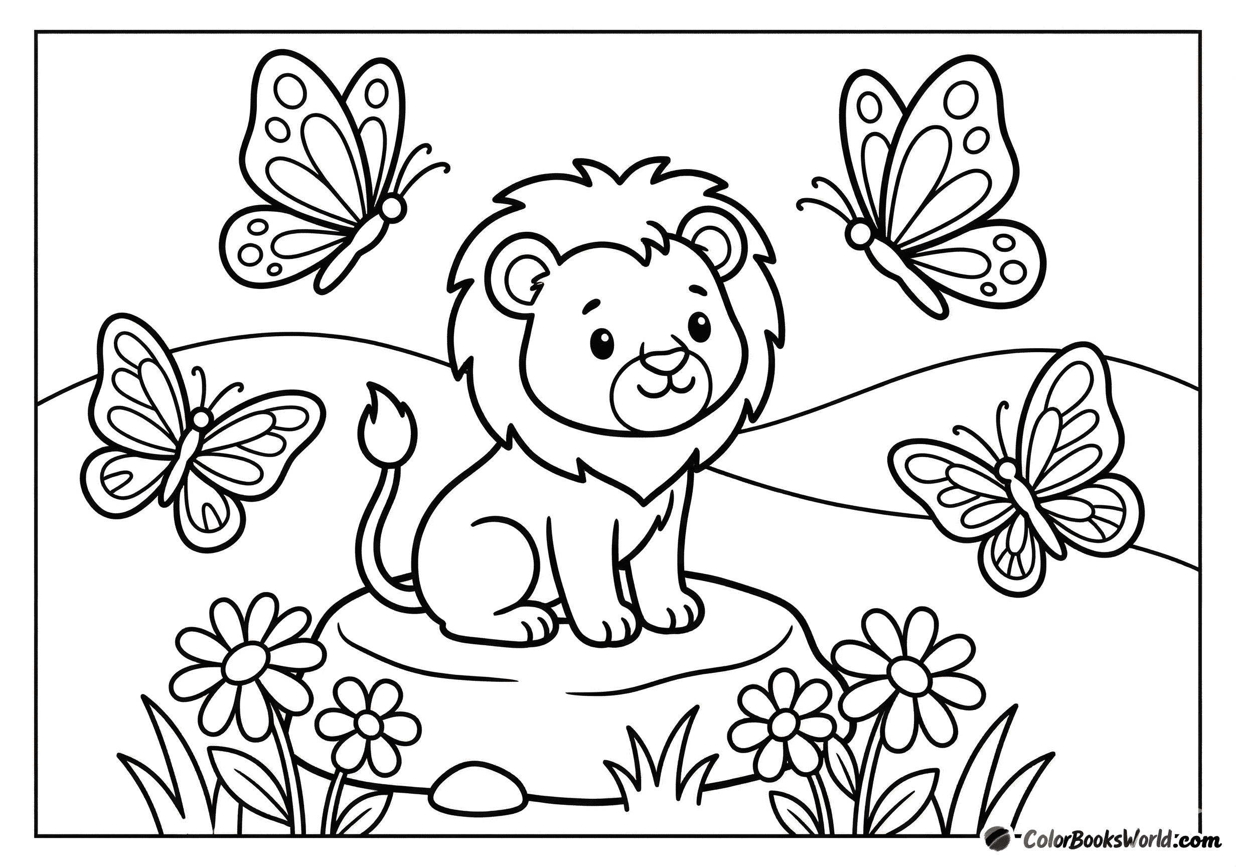 A lion cub sits on a rock, surrounded by large butterflies and simple flowers.