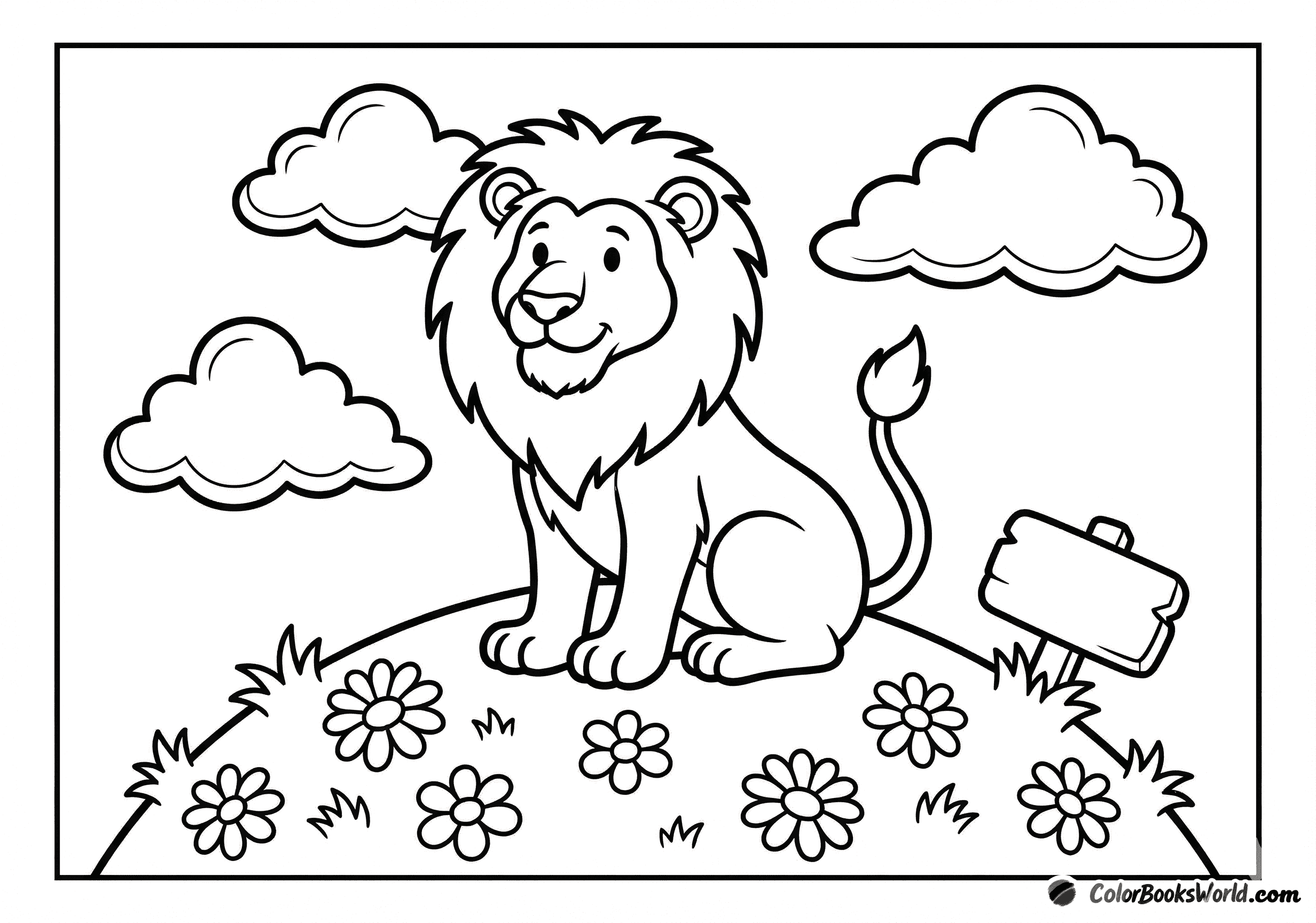 A calm adult lion sits on a rounded hilltop with fluffy clouds and simple flowers.