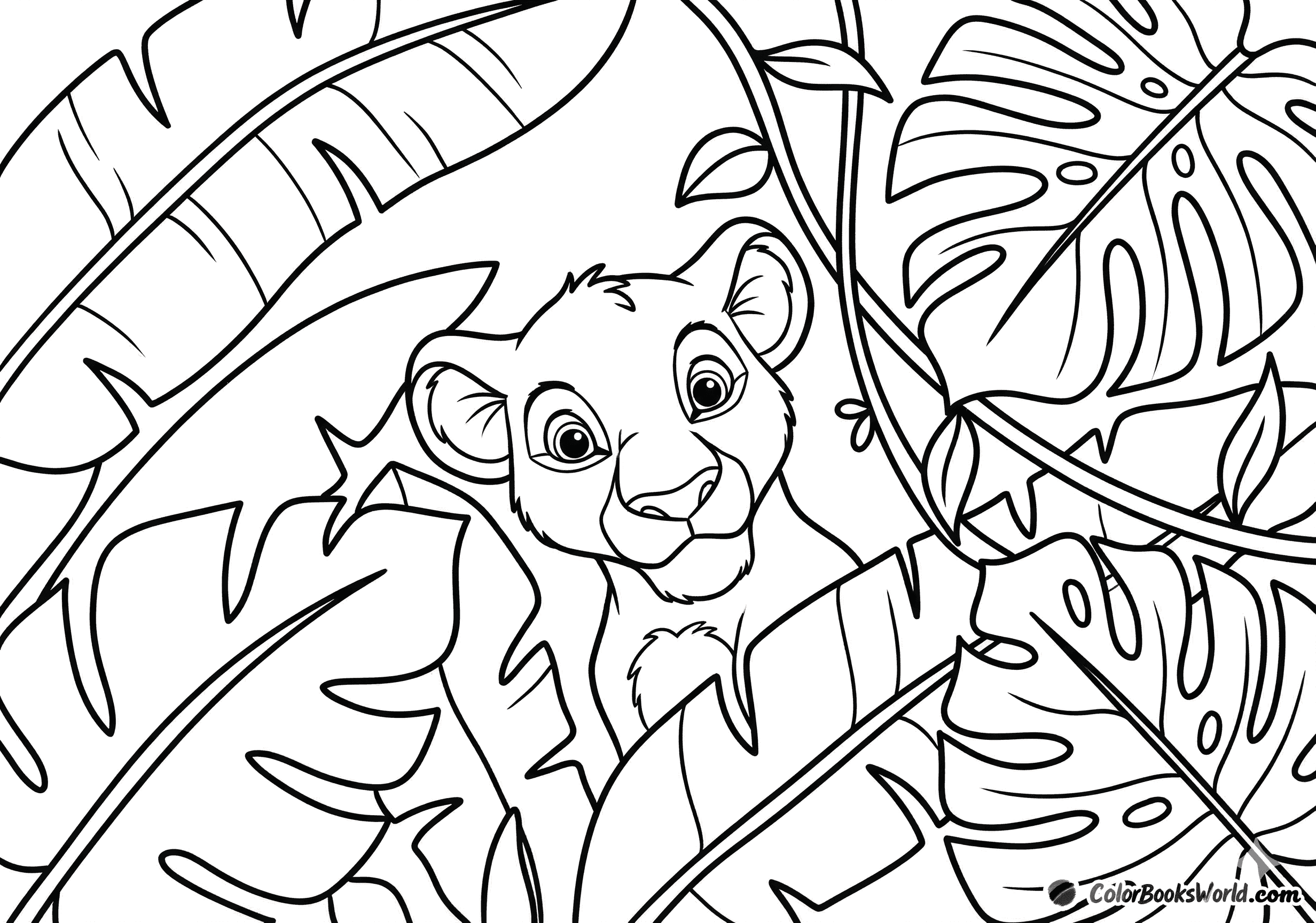 A curious lion cub face peeking through large, simplified tropical leaves.