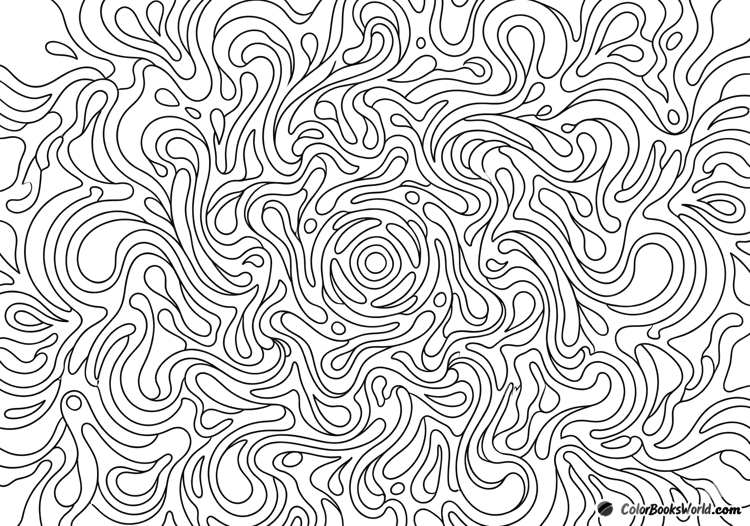 Flowing ink-like tendrils and droplet motifs radiate from a central mandala in a dynamic black and white line art.