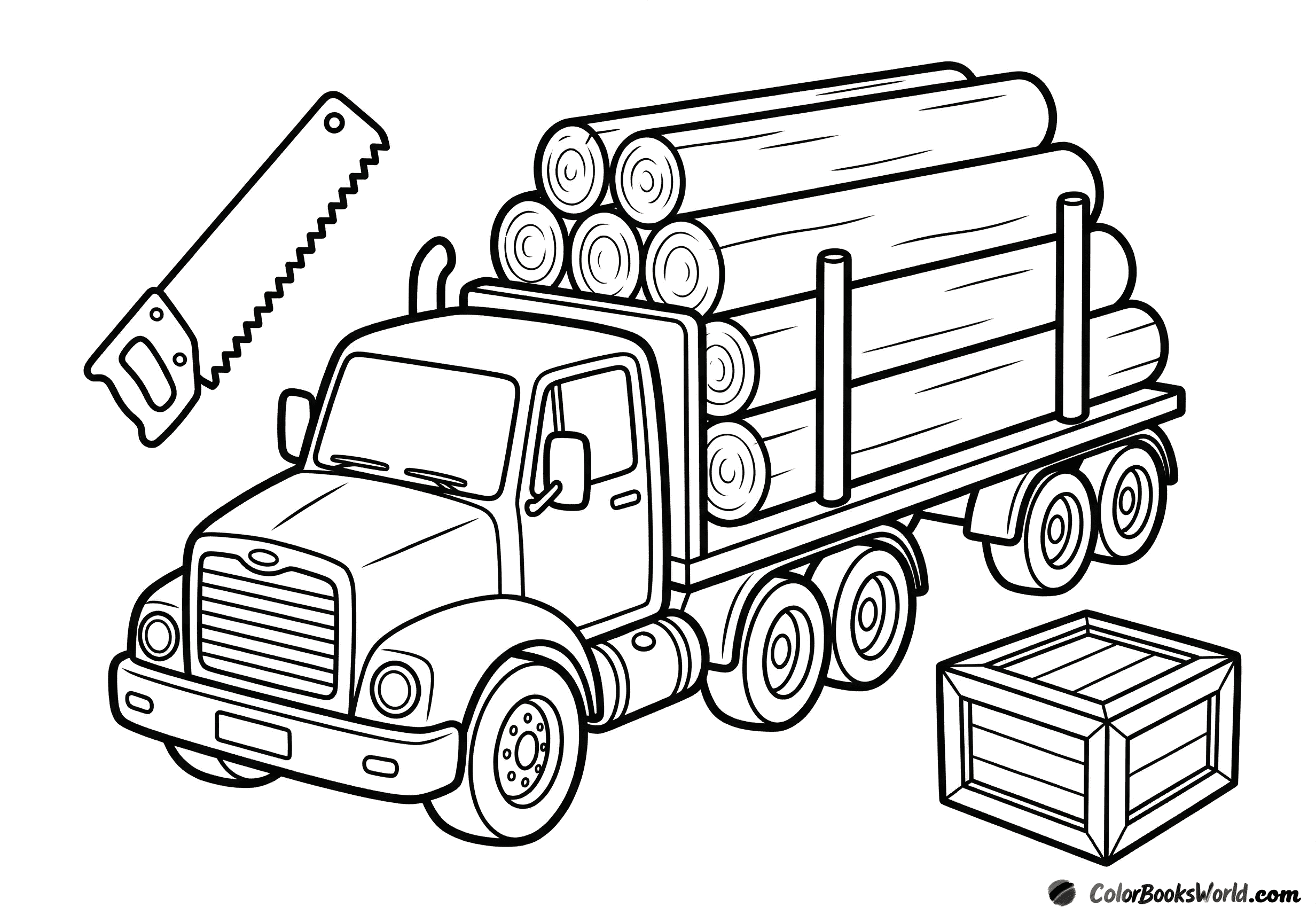 Cartoon-Holztransporter mit gestapelten Baumstämmen, daneben Handsäge und Holzkiste.