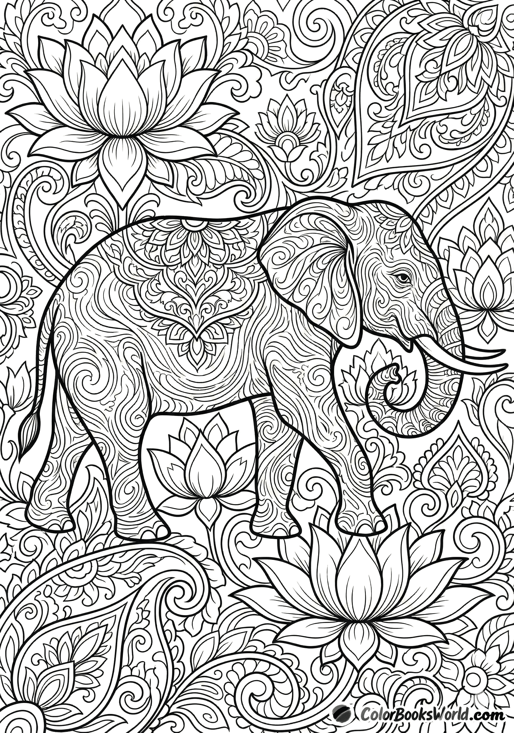 Detailed elephant walking among stylized lotus flowers with ornate paisley patterns in the background.