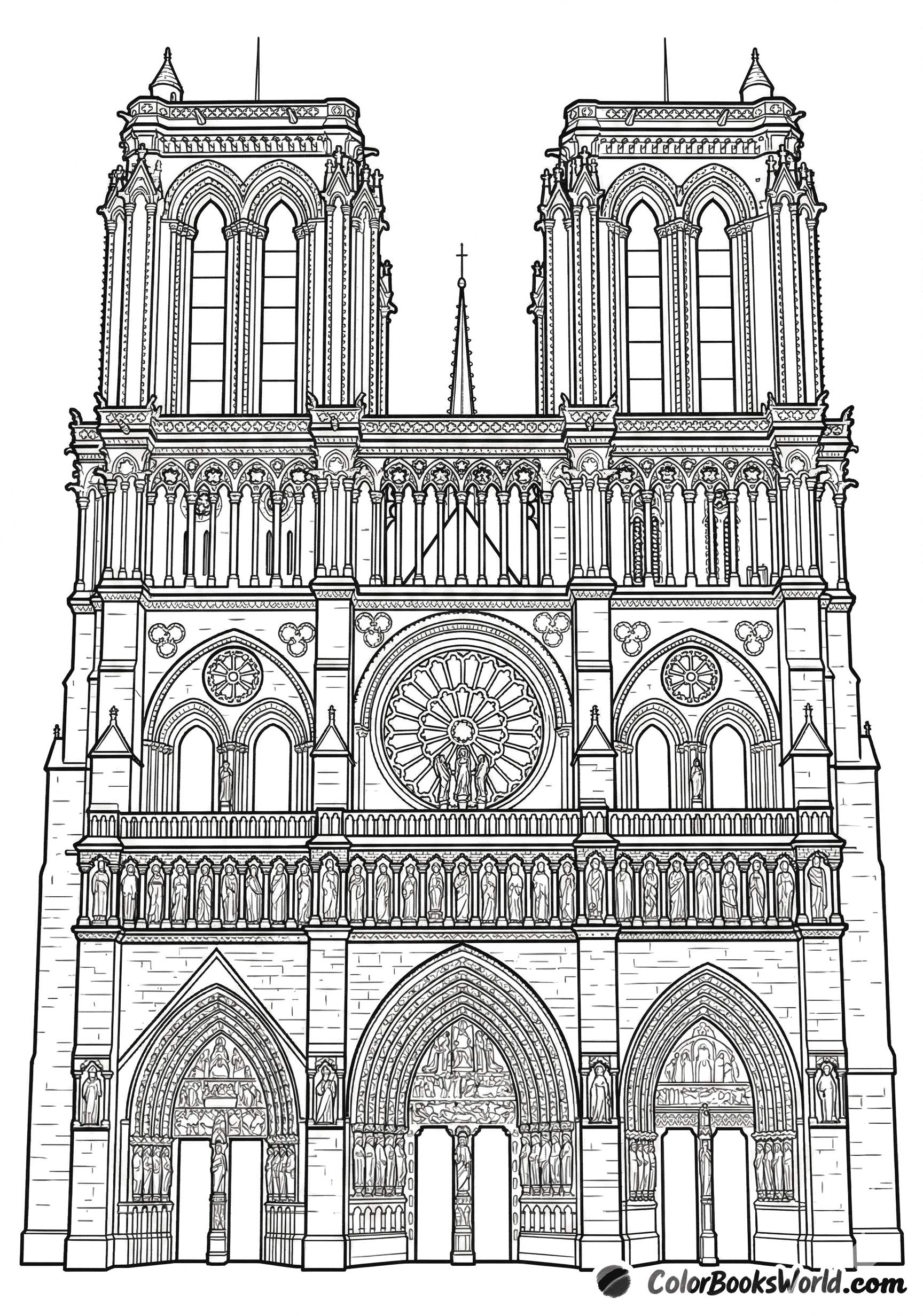 A detailed line art drawing of a Gothic cathedral facade with twin towers, a rose window, and ornate portals.