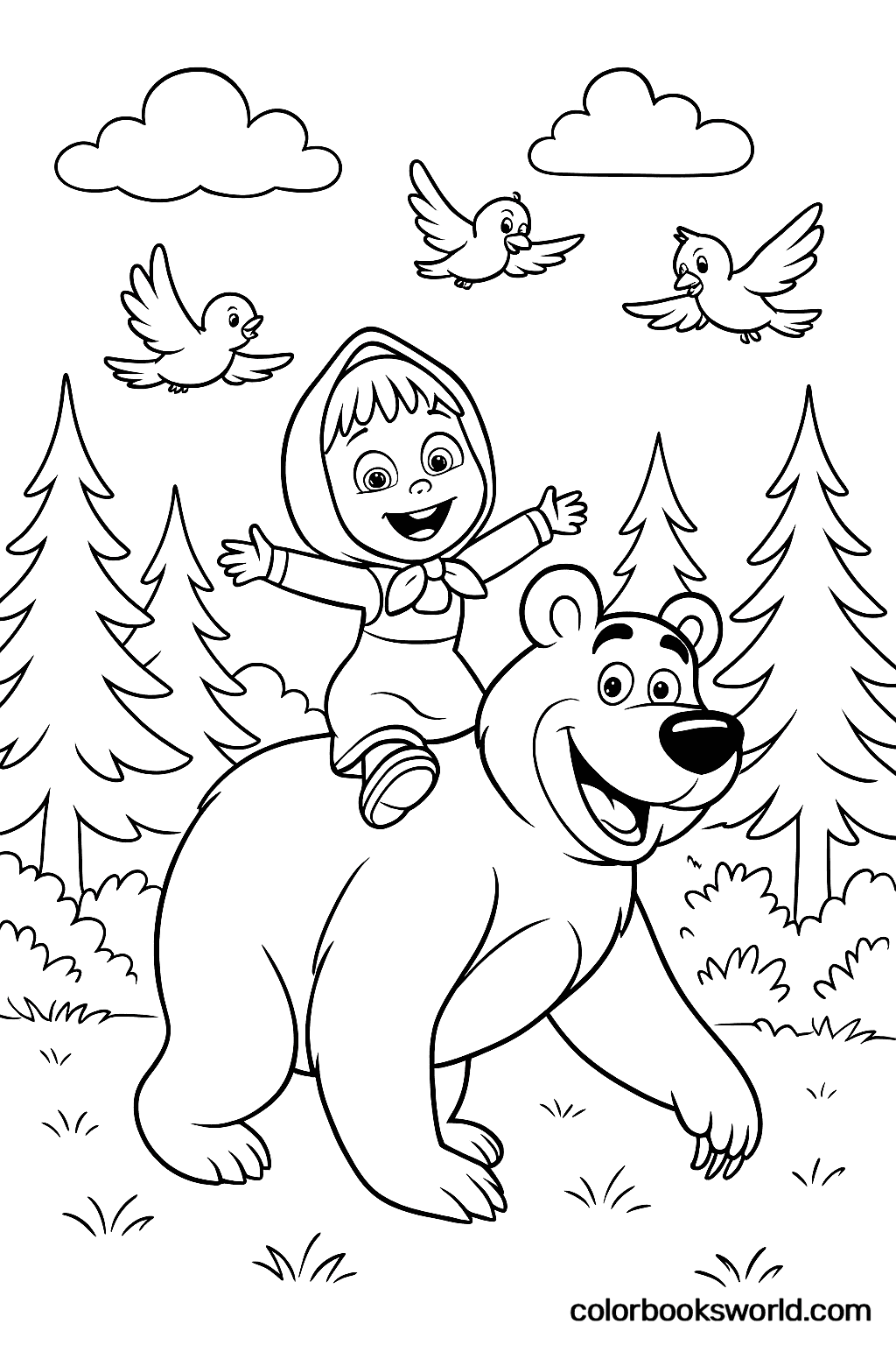 Masha rides on the Bear’s back through a pine forest as birds fly overhead.