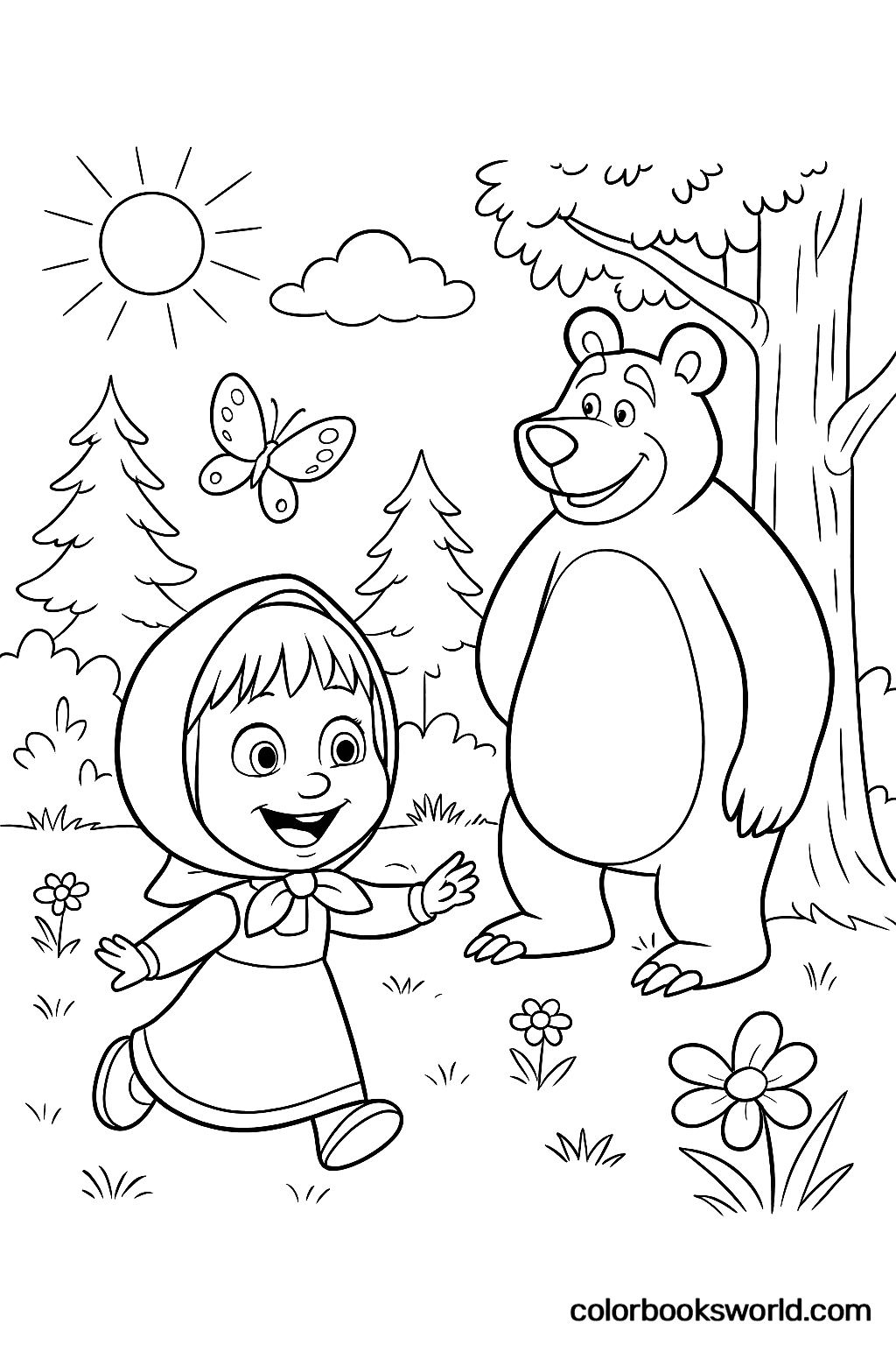 Masha chases butterflies as the Bear smiles beside a tree in a sunny forest clearing.