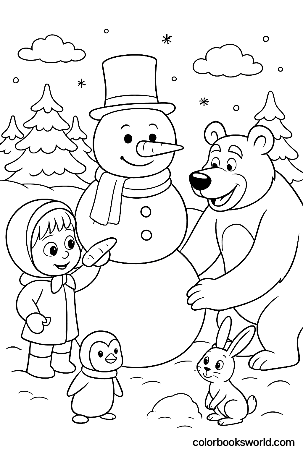 Masha adds a carrot nose as Bear rolls a big snowball, with Penguin and Hare nearby.