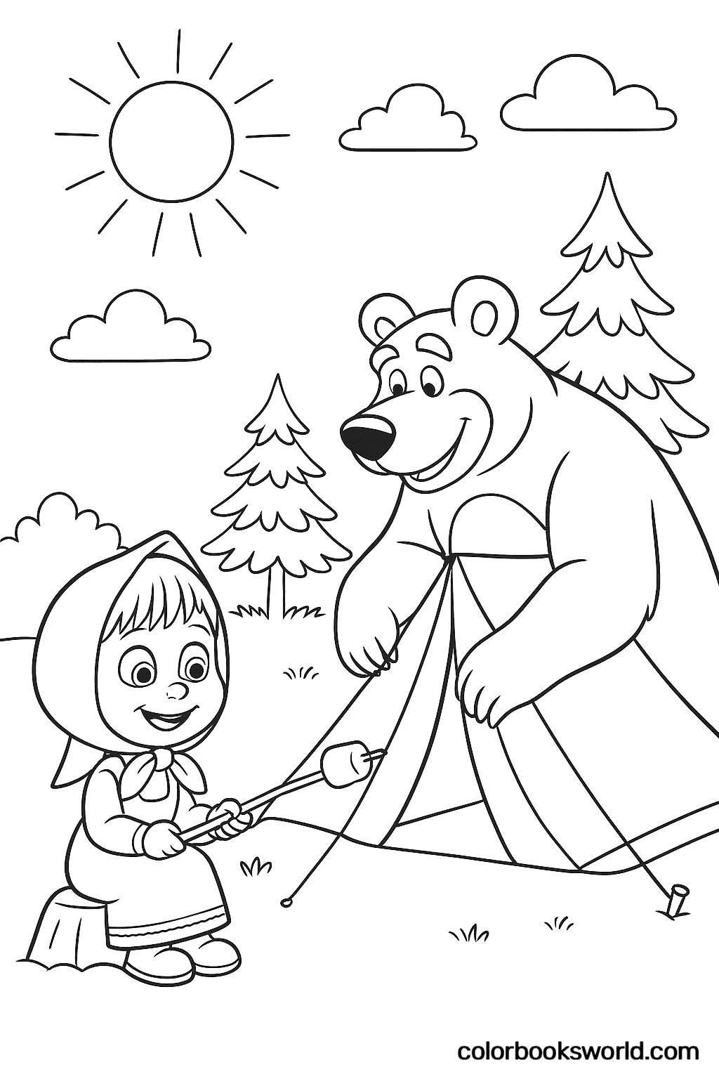 Masha roasts a marshmallow while the Bear sets up a tent in a sunny forest.