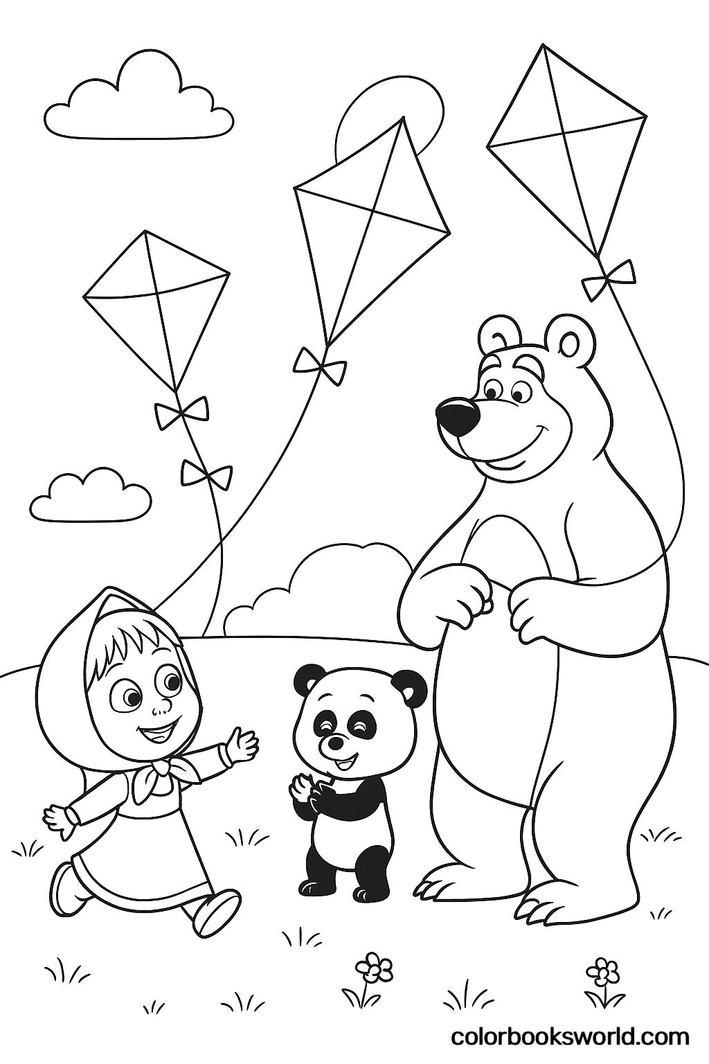 Masha runs with a kite as Panda claps and Bear holds the string in a grassy meadow.