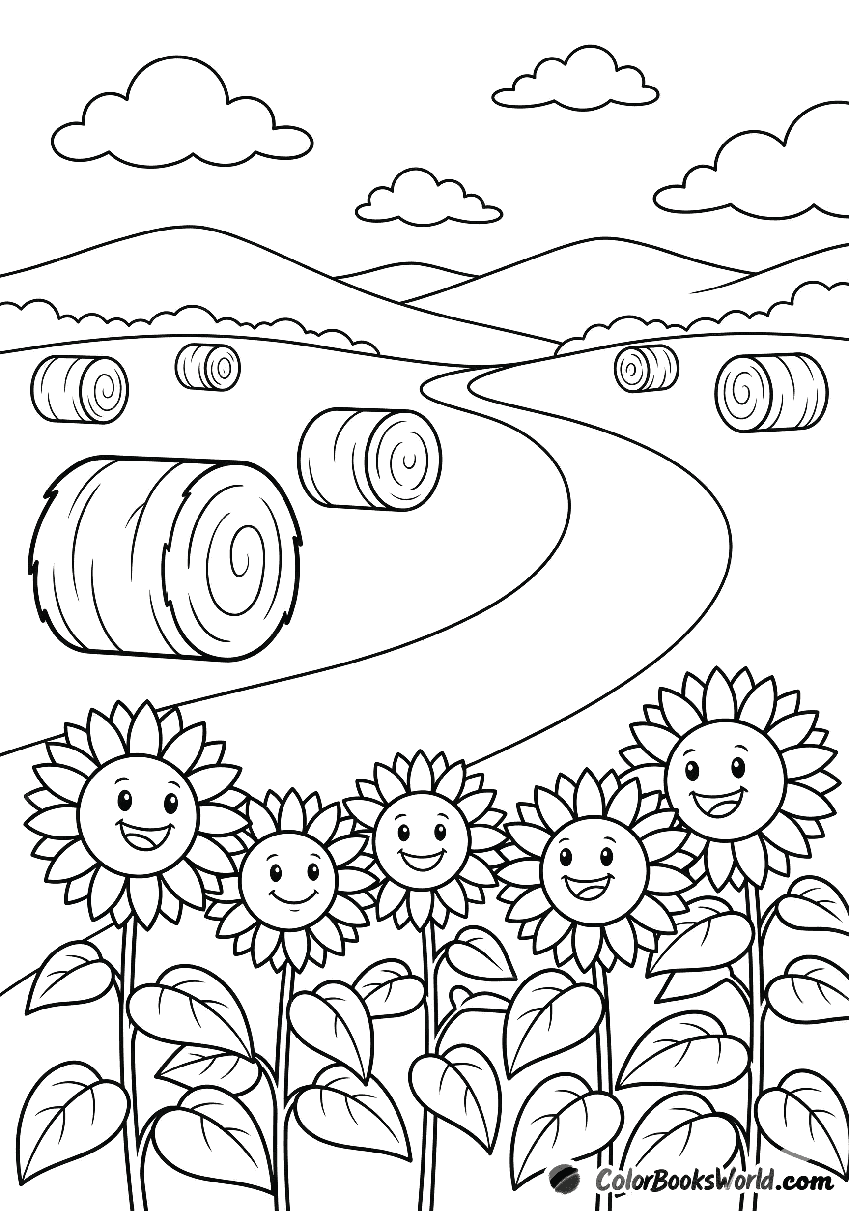 Round hay bales in a meadow beside tall sunflowers, with a winding path toward distant hills.