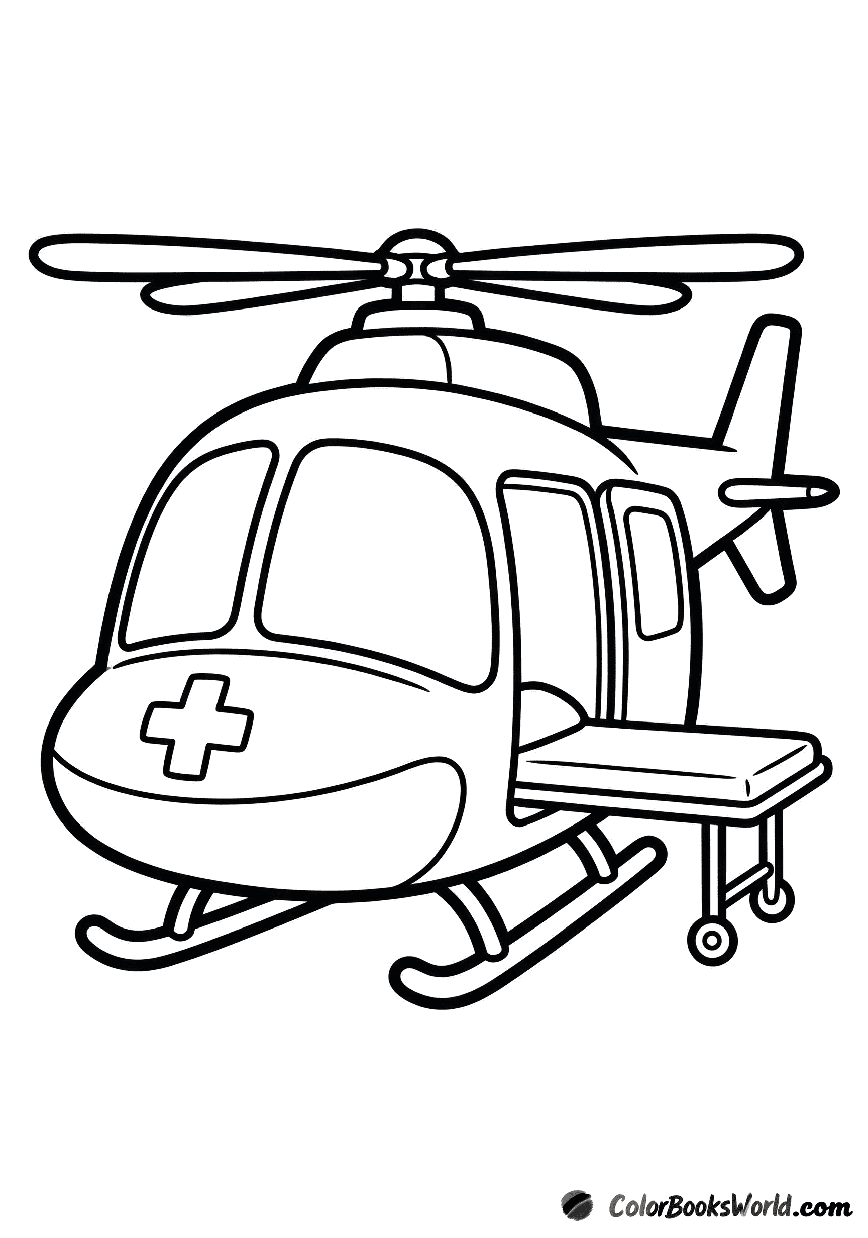 Cartoon air ambulance helicopter with a medical cross symbol and a stretcher on board.