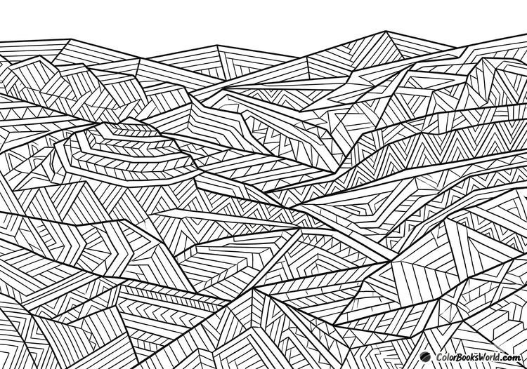 An abstract landscape made of tessellated polygonal shapes forming hills, terraces, and geometric horizons in black line art.
