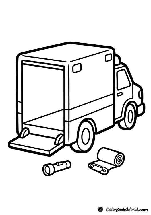 Rear view of an ambulance with a lowered step, a handheld flashlight, and a rolled bandage.