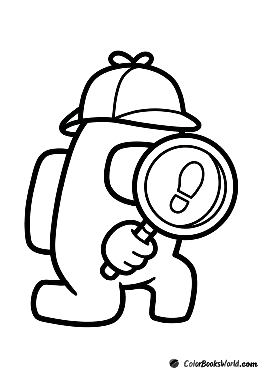 An Among Us crewmate kneels with a magnifying glass, examining a footprint.