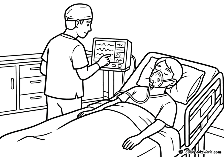 An anesthesiologist checking a monitor while a patient lies on a bed wearing an oxygen mask.