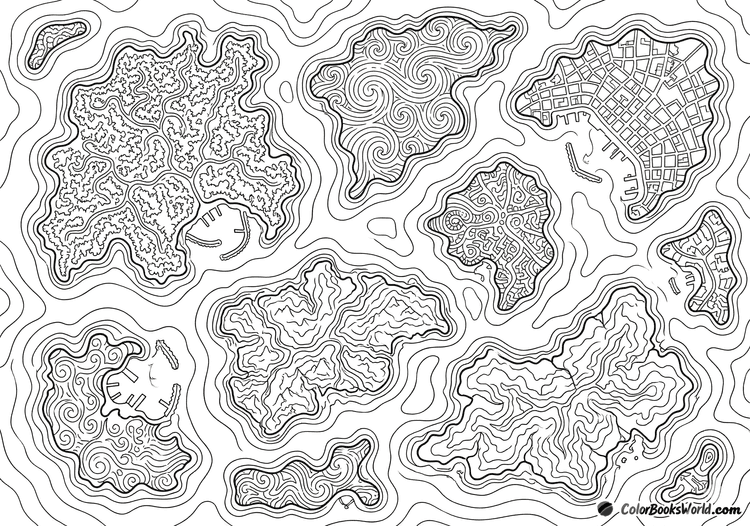 Intricate line art of an archipelago featuring islands with varied map textures and surrounding tidal lines.