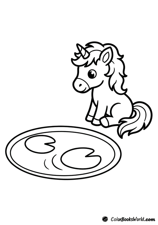 A baby unicorn sits beside a small oval pond with lily pads and gentle ripples.