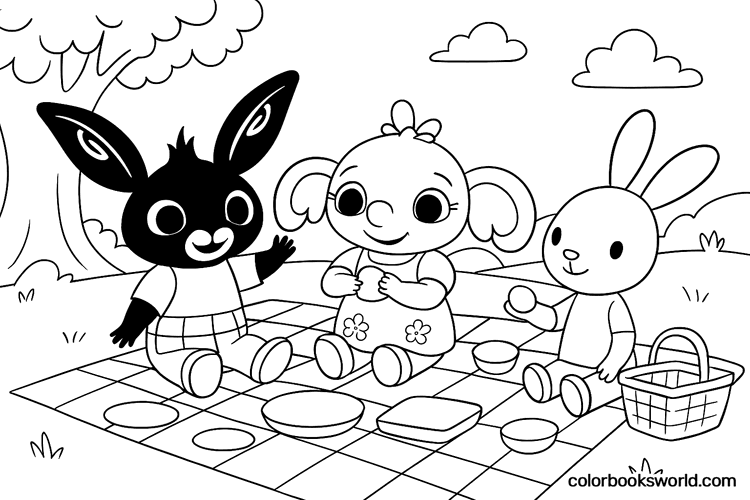 Bing, Sula and a rabbit friend sit on a checkered picnic blanket with plates and a basket under a tree.