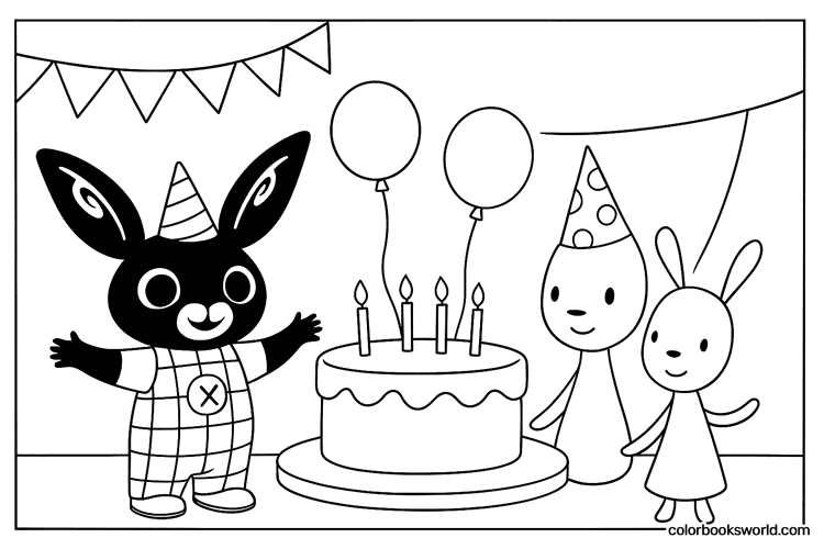 Bing celebrates a birthday with Flop beside a cake with candles, balloons, and party hats.