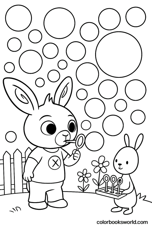 Bing blows bubbles through a ring as a friend holds a tray of bubble wands, with a fence and flowers behind.