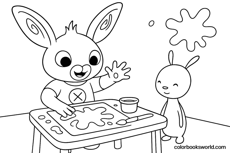 Bing finger paints at a table as a friend watches, with a paint splatter above.