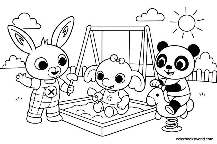 Bing, Sula and Pando play in a sandbox, with a swing and spring rider behind them.