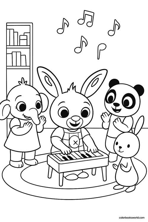 Bing plays a small keyboard as friends clap, with musical notes above and a bookshelf behind.