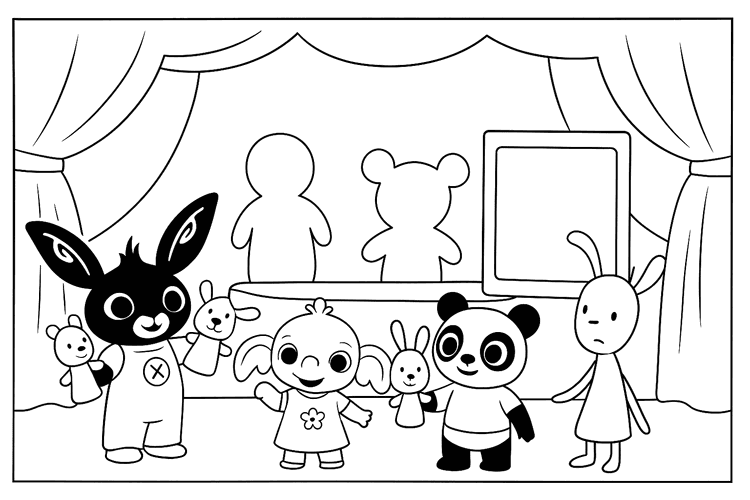 Bing and friends perform a puppet show on a small curtained stage with hand puppets.