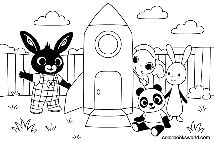 Bing, Sula and Pando stand by a toy rocket in a fenced backyard on grass.