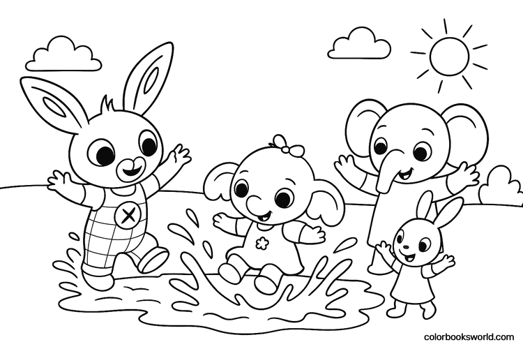 Bing, Sula, Pando and Coco splash happily in a puddle under a sunny sky.