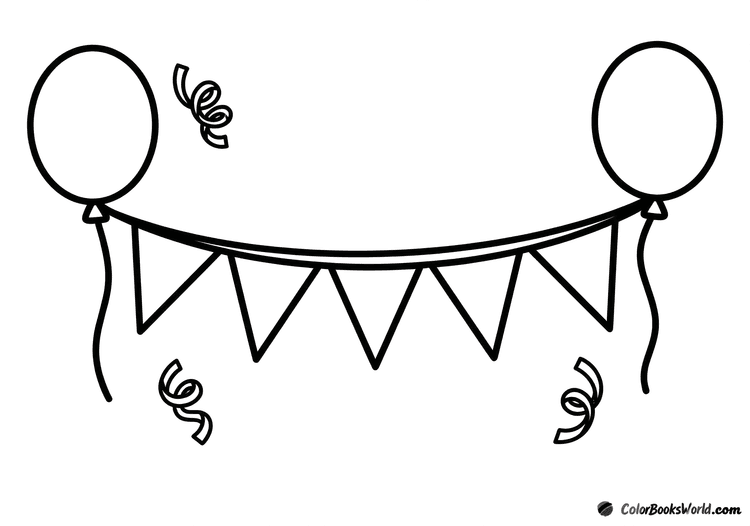 A blank pennant banner strung between two round balloons with curly streamers.