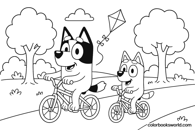 Bluey and Bingo ride bicycles along a tree-lined path while a kite flies overhead.