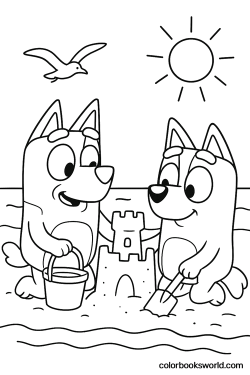 Bluey and Bingo build a sandcastle with a bucket and spade as a seagull flies under the sun.
