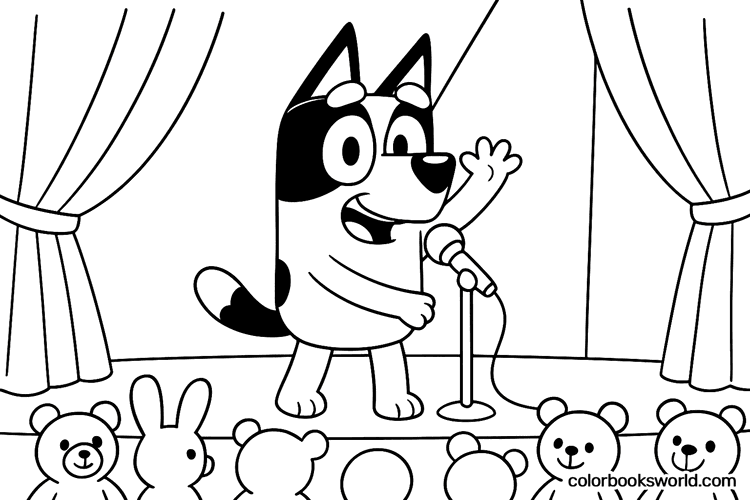 Bluey sings into a microphone on a curtained stage under a spotlight, with plush toys watching in the audience.