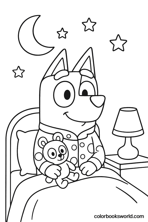 Bluey sits in bed in pajamas, holding a stuffed toy beside a night lamp with the moon behind.